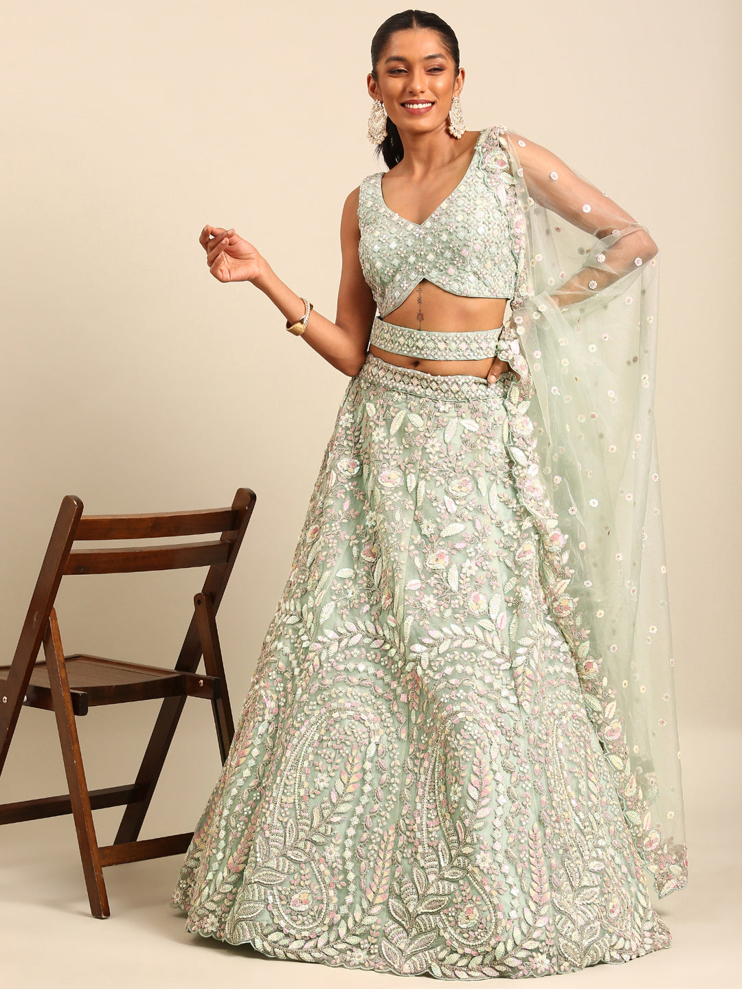 House of Panchhi Sea green Net Multi Sequins with heavy Zarkan embroidery Lehenga choli & Dupatta | Grocsy