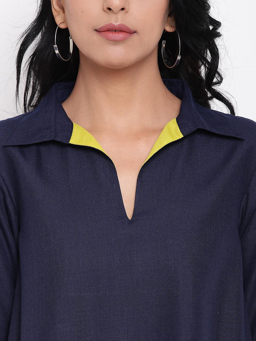 trueBrowns Linen Cotton Blue Collared Dress | Grocsy