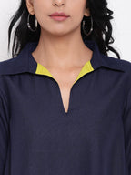 trueBrowns Linen Cotton Blue Collared Dress | Grocsy