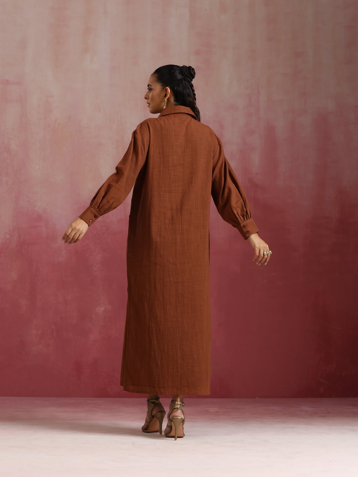 trueBrowns Brown Cotton Dobby Dress | Grocsy