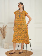 InWeave Women's Haldi Yellow Mughal Kalamkari A Line Dress | Grocsy