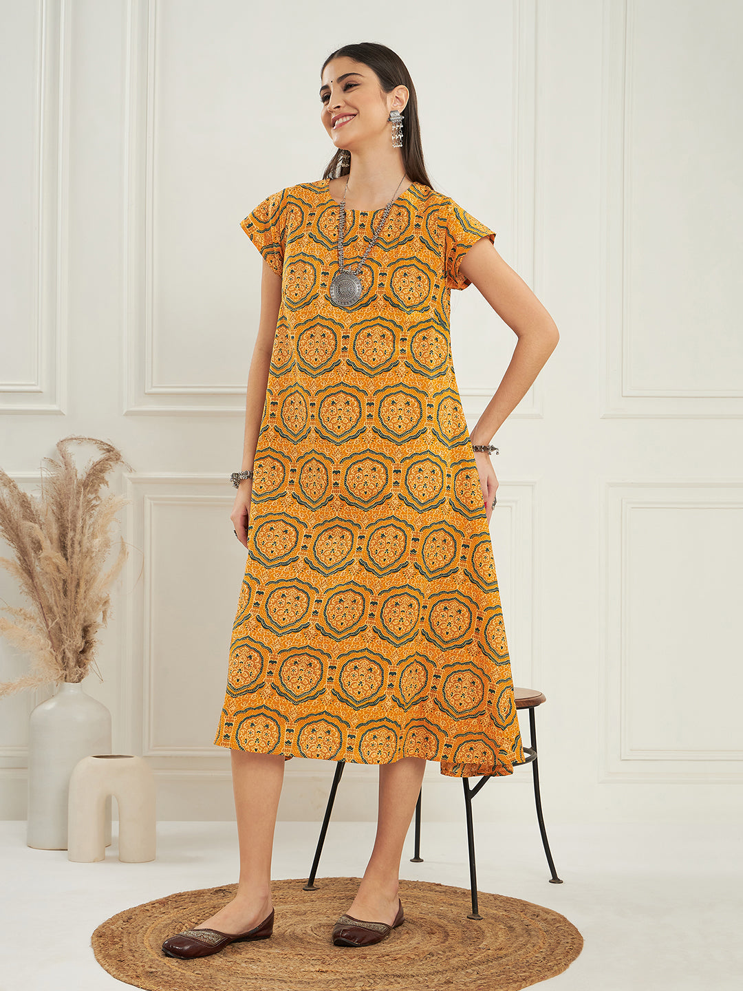 InWeave Women's Haldi Yellow Mughal Kalamkari A Line Dress | Grocsy