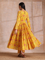trueBrowns Sunshine Yellow Overall Floral Block Print Cotton Kurta Pant Dupatta Set | Grocsy
