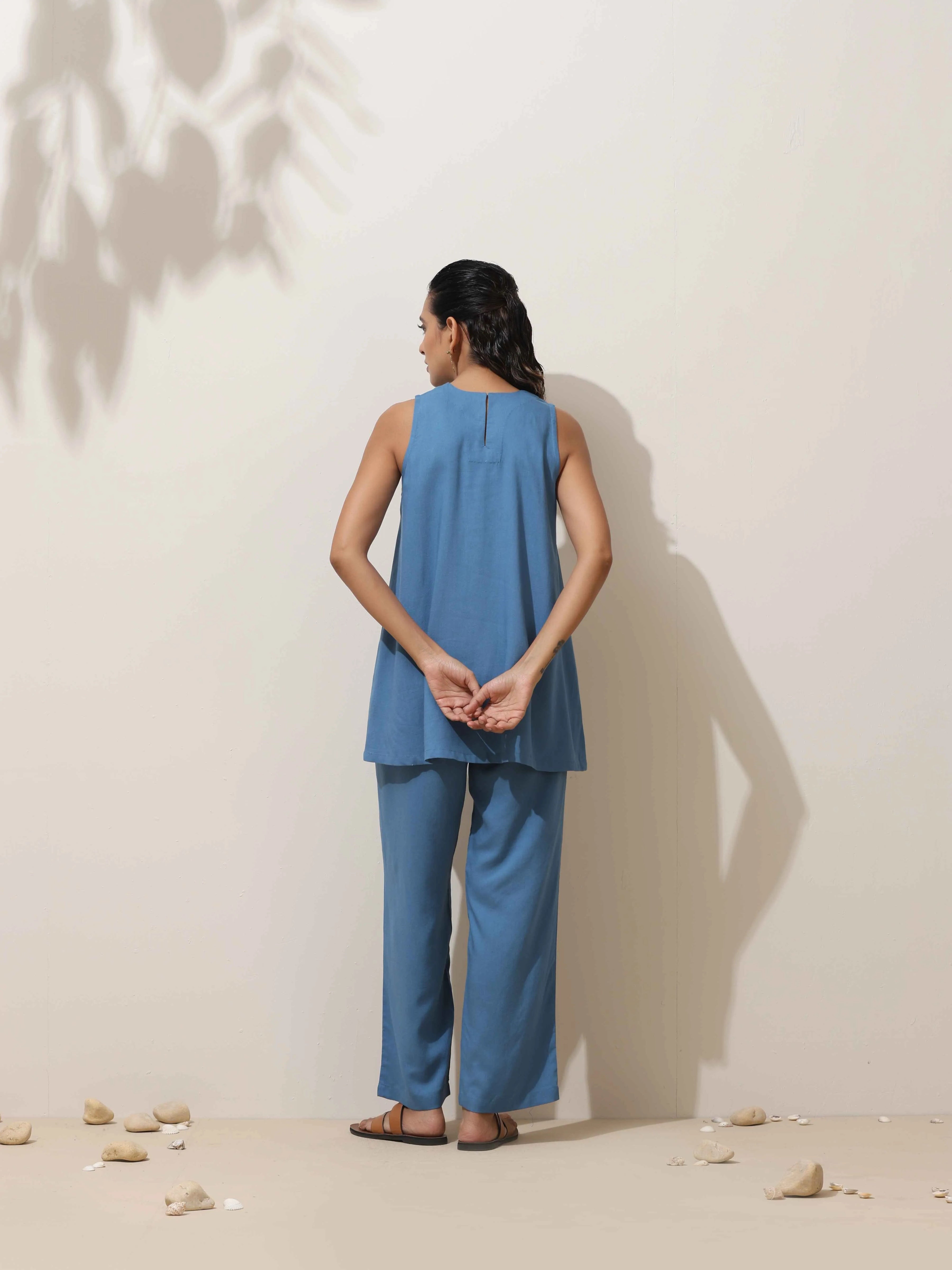 trueBrowns Blue Viscose Solid Co-ord Set | Grocsy