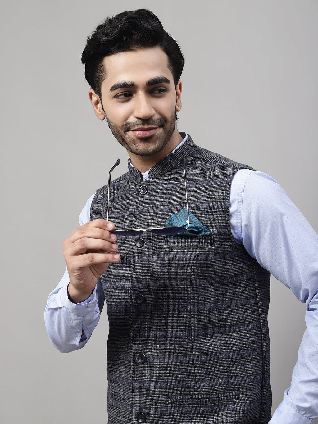 Even Apparels Men's Grey Nehru Jacket With Welt Pockets | Grocsy
