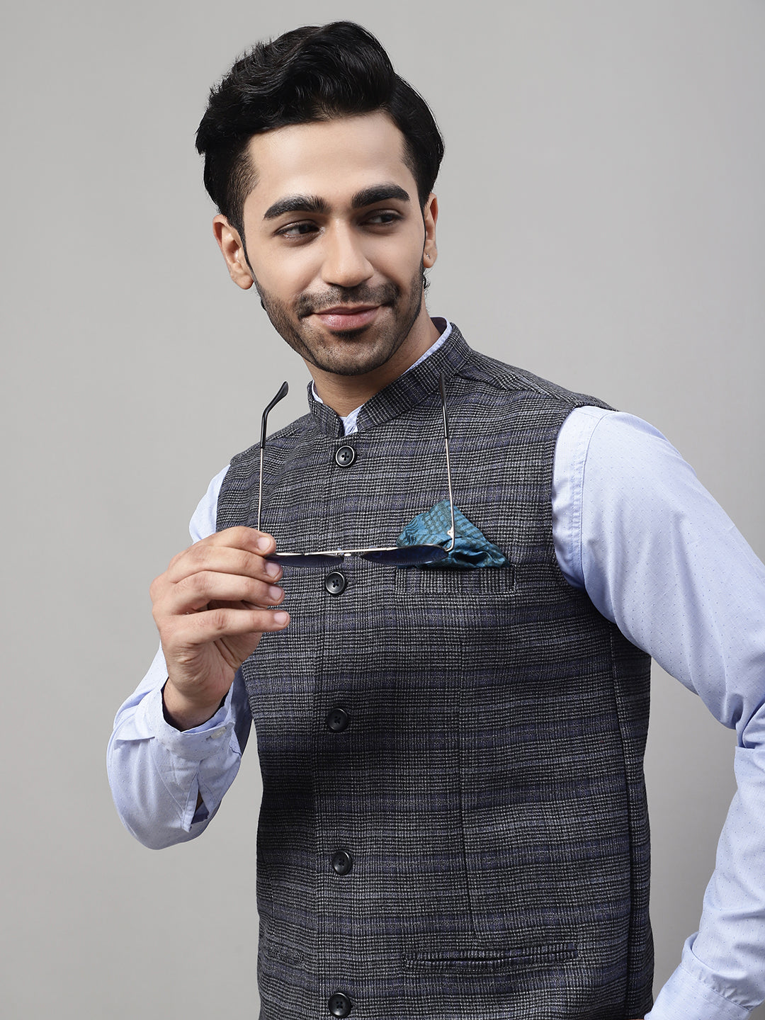 Even Apparels Men's Grey Nehru Jacket With Welt Pockets | Grocsy