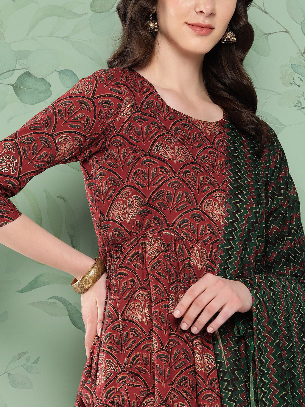 InWeave Women's Long Kurta Set Rust Ajrakh With Green Ajrakh Dupatta | Grocsy