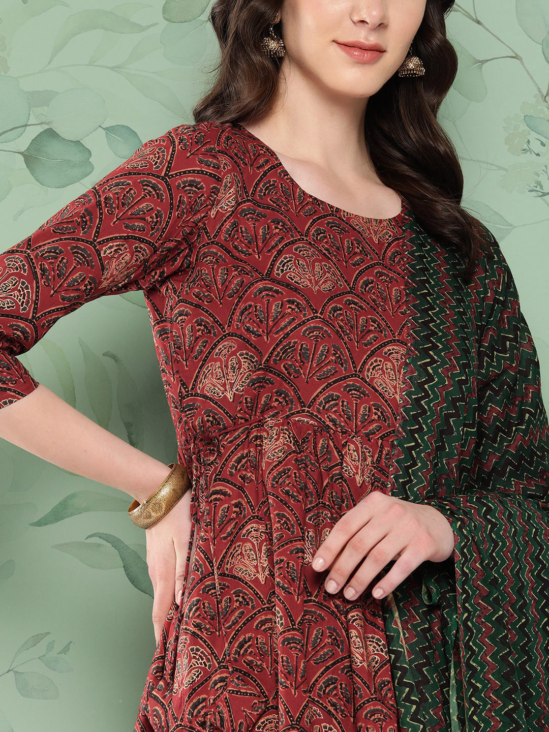 InWeave Women's Long Kurta Set Rust Ajrakh With Green Ajrakh Dupatta | Grocsy
