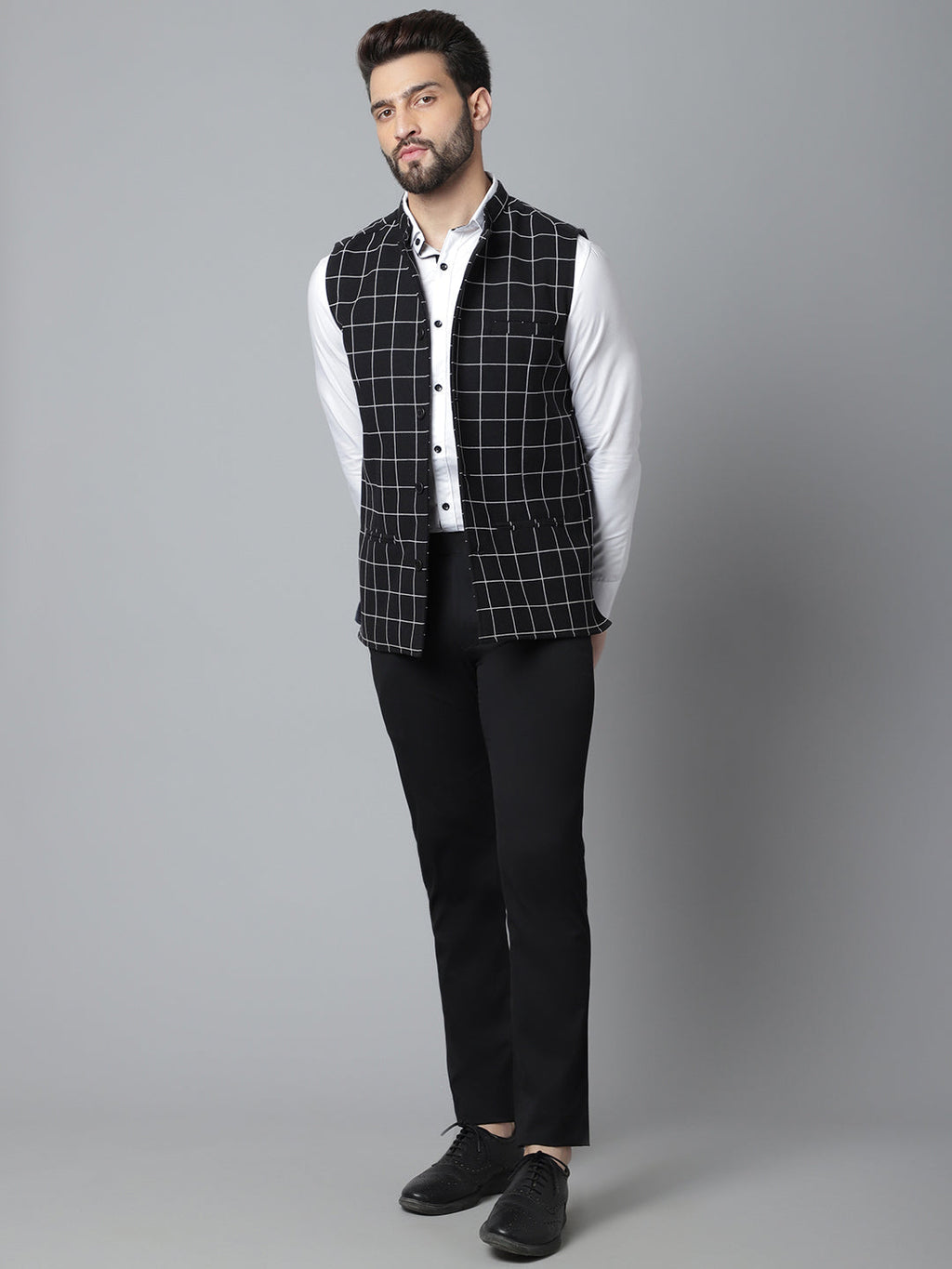 Even Apparels Men's Black Nehru Jacket With Welt Pockets | Grocsy