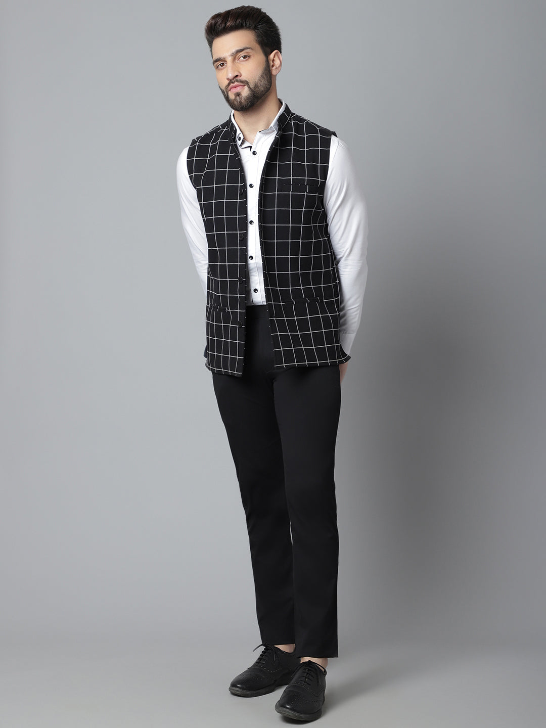 Even Apparels Men's Black Nehru Jacket With Welt Pockets | Grocsy