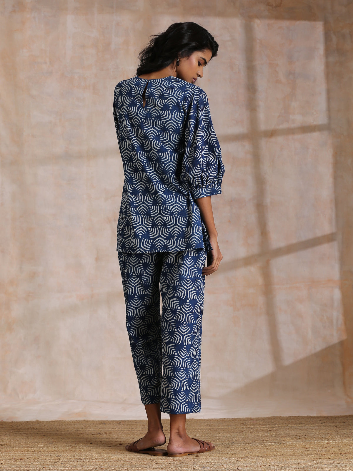 trueBrowns Indigo Dabu Overall Print Cotton Baggy Sleeve Co-Ord Set | Grocsy