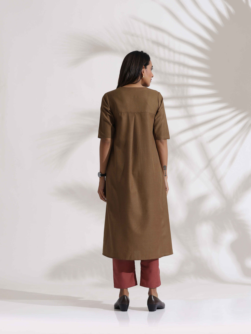 trueBrowns Brown Slub Highslit Kurta Set | Grocsy