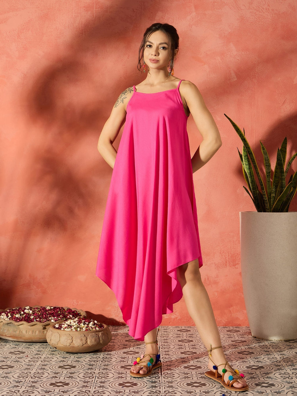 InWeave Black Floral Fuchsia Asymmetrical Dress | Grocsy