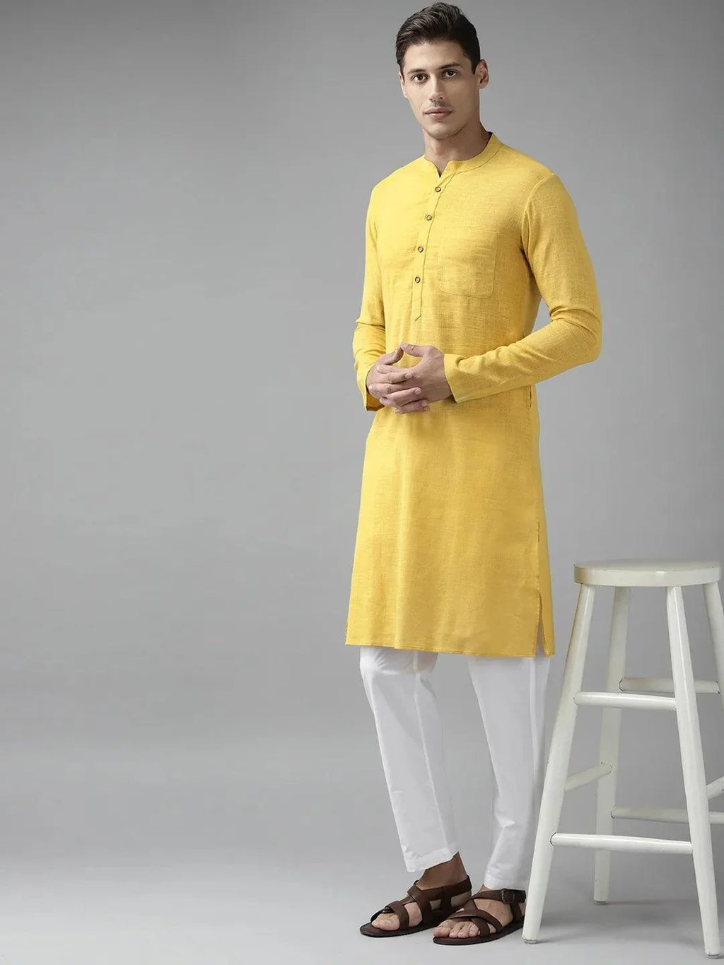 Fabmade Men Yellow Cotton Linen Kurta Pyjama | Grocsy