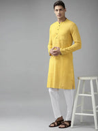 Fabmade Men Yellow Cotton Linen Kurta Pyjama | Grocsy