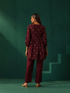 trueBrowns Wine Diamond Viscose Silk Waist Gathered Co-ord Set | Grocsy