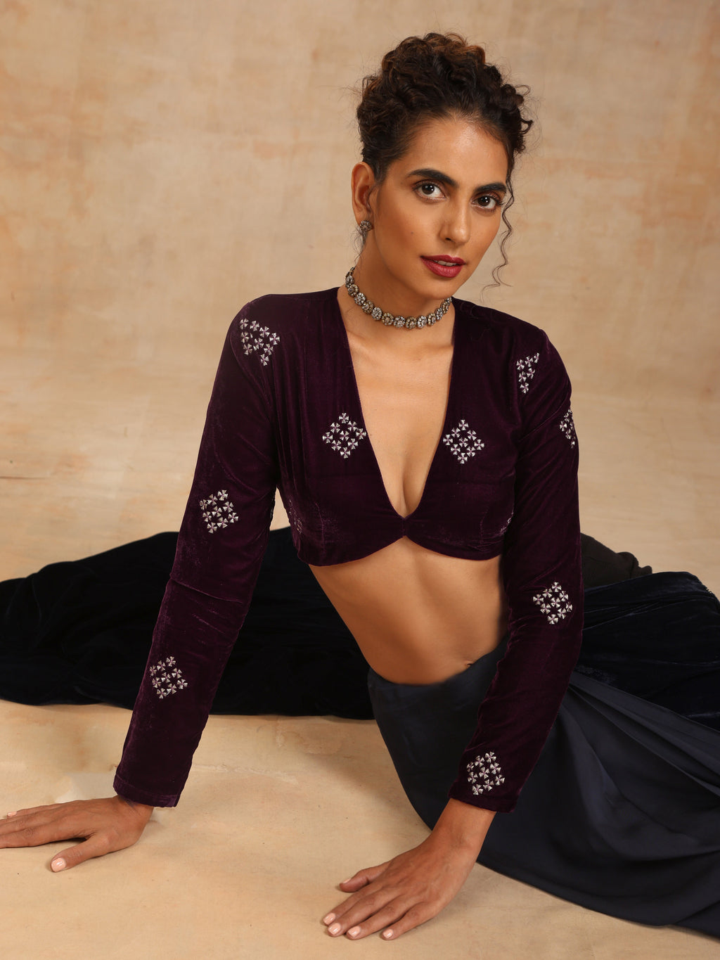 trueBrowns Wine Velvet Embroidered Blouse | Grocsy