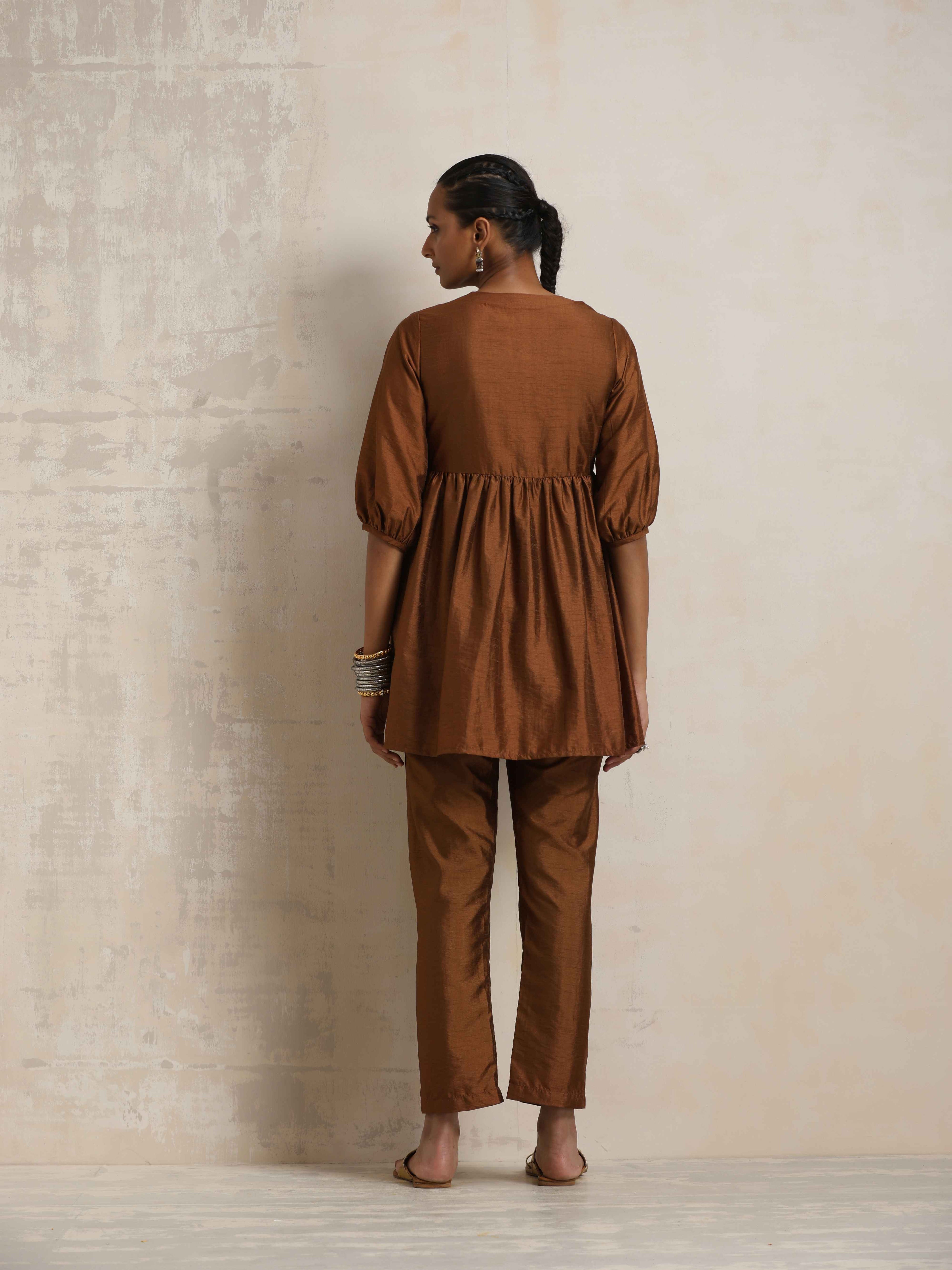 trueBrowns Brown Silk Angrakha Co-ord Set | Grocsy