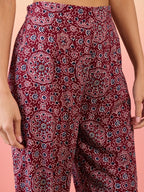 InWeave Maroon Navy Ajrakh Foil Round Neck Kurta Pant Set | Grocsy