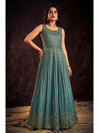 Myra Blue Real Georgette Designer Gown Style Suit | Grocsy