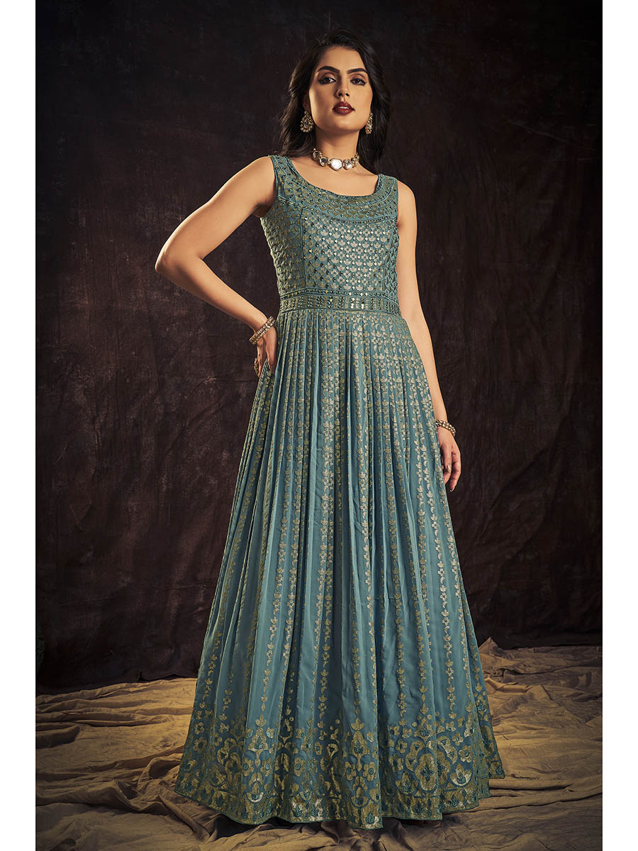 Myra Blue Real Georgette Designer Gown Style Suit | Grocsy