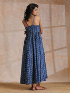 trueBrowns Indigo Dabu Floral Print Cotton Sleeveless Dress | Grocsy