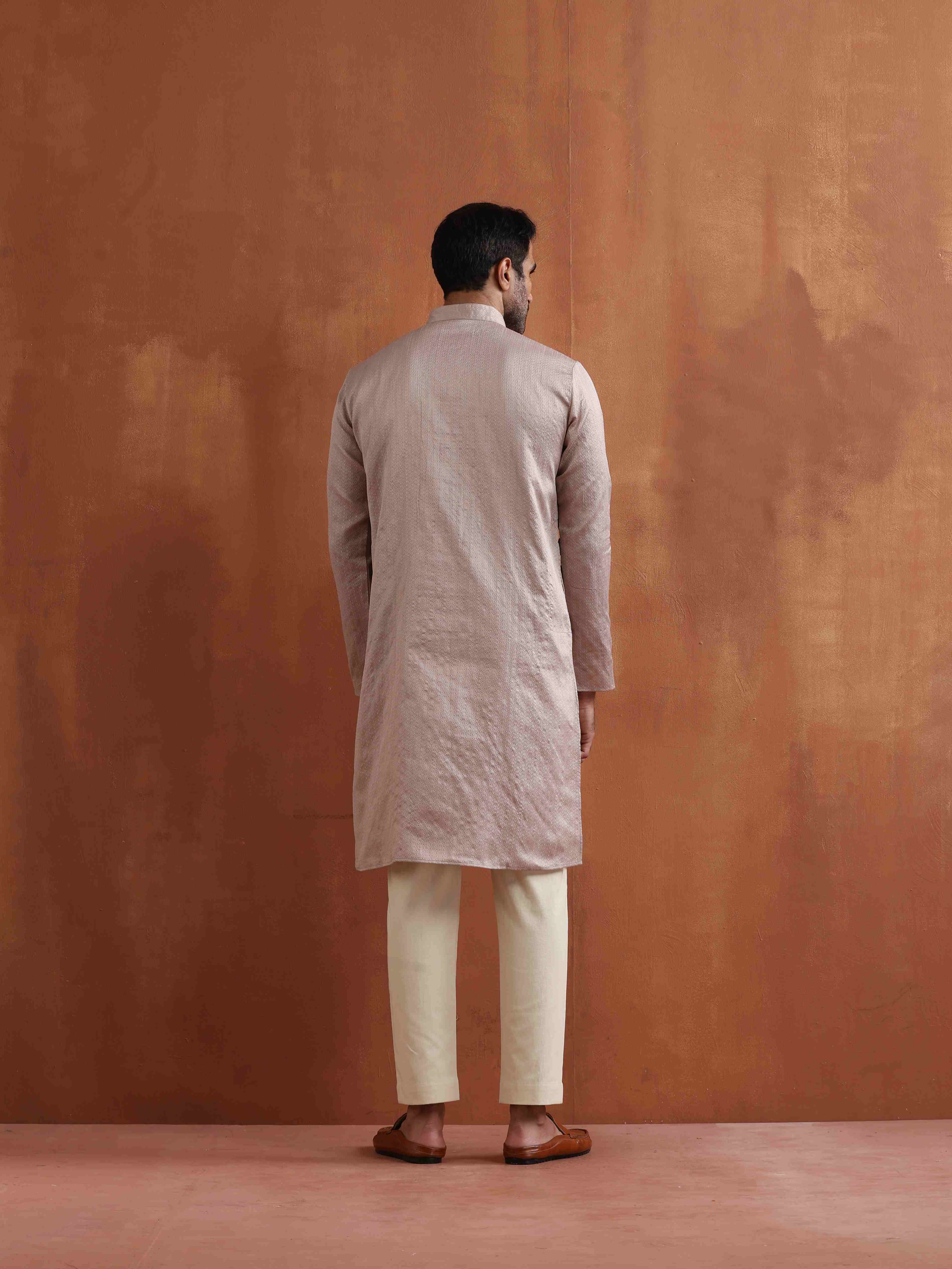 trueBrowns Men's Beige Sequin Chanderi Kurta | Grocsy