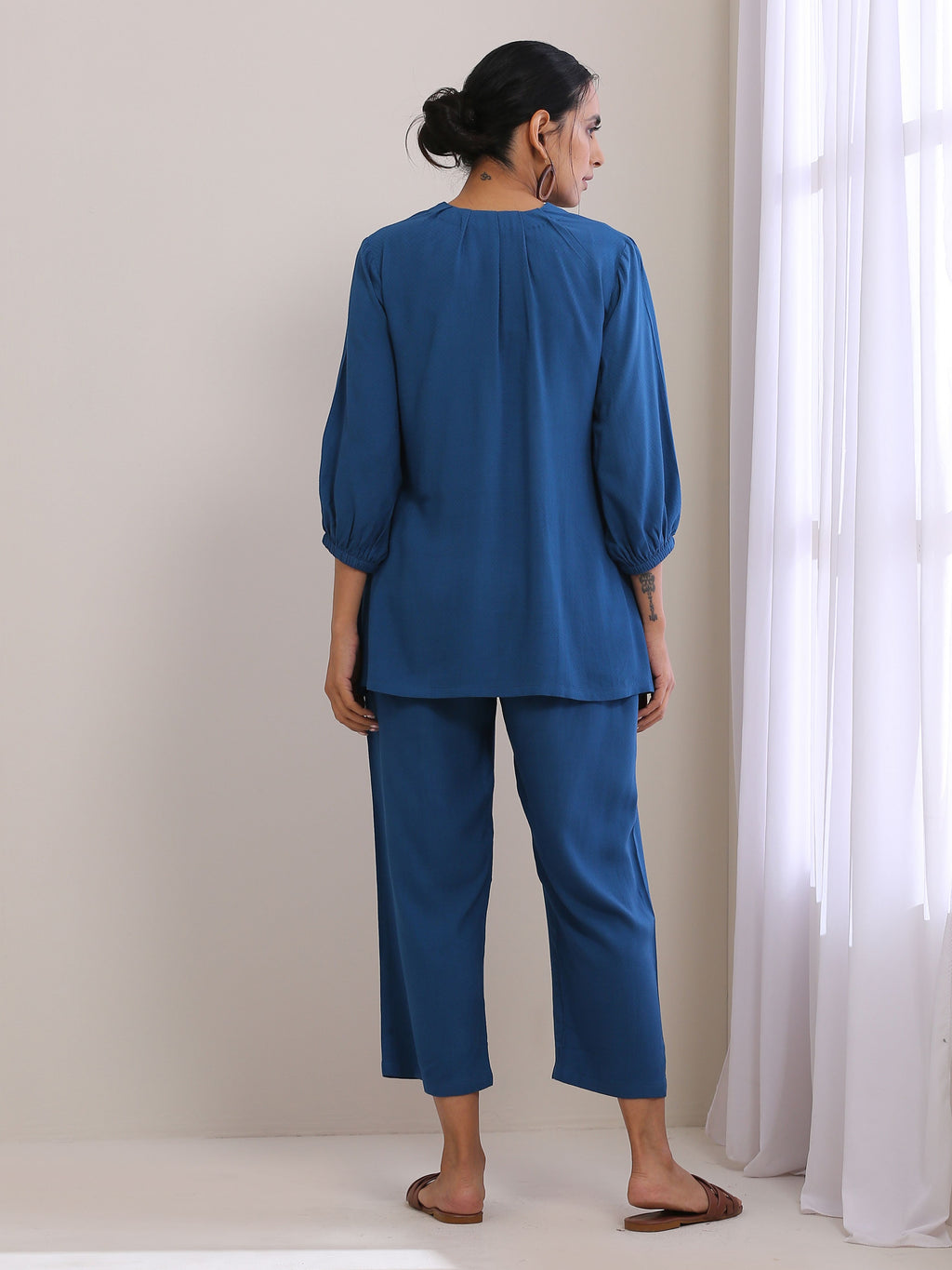 trueBrowns Classic Blue Dobby Pleated Co-Ord Set | Grocsy