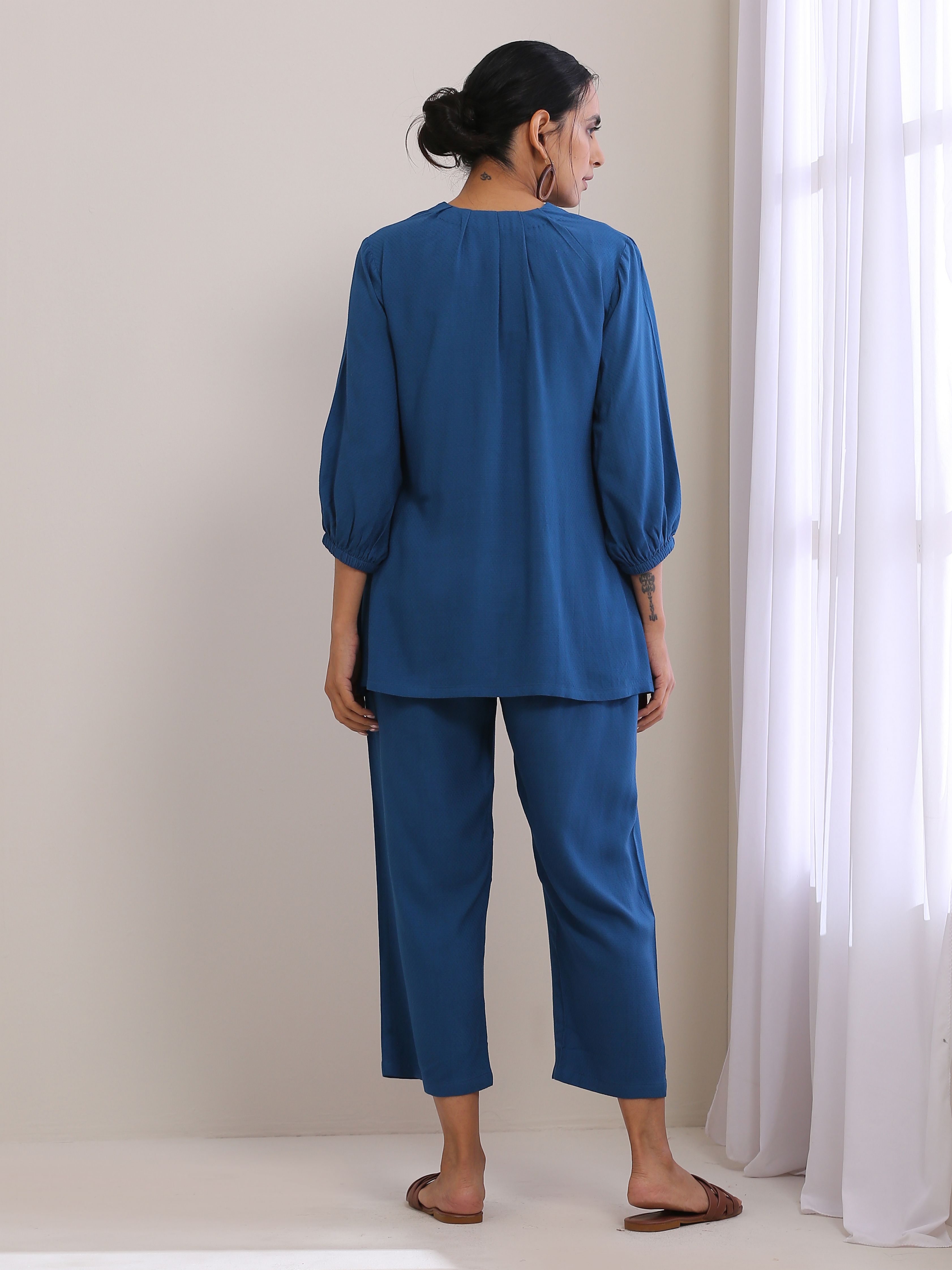 trueBrowns Classic Blue Dobby Pleated Co-Ord Set | Grocsy