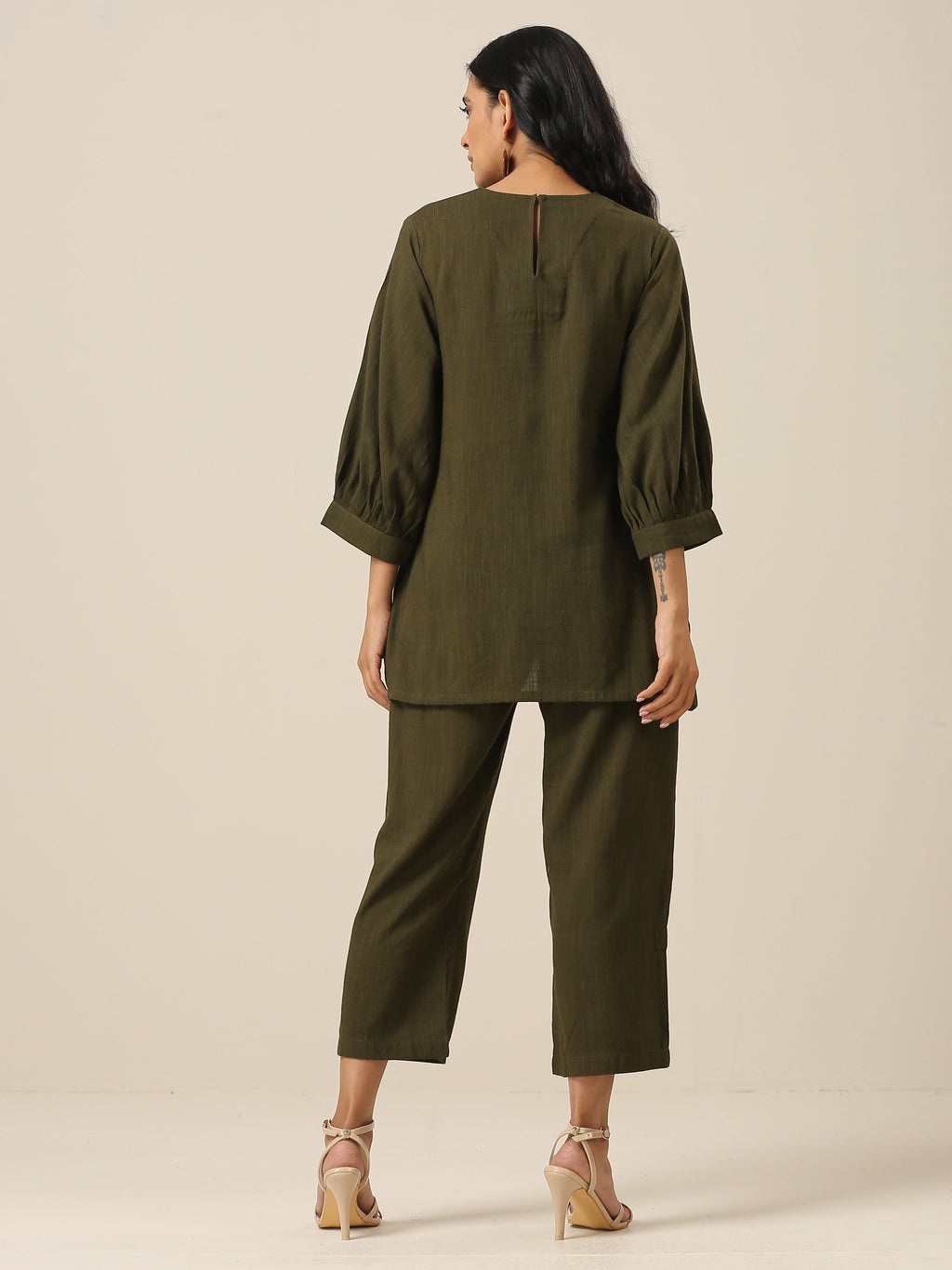 trueBrowns Olive Green Slub Texture Baggy Sleeve Co-Ord Set | Grocsy
