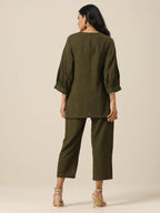 trueBrowns Olive Green Slub Texture Baggy Sleeve Co-Ord Set | Grocsy