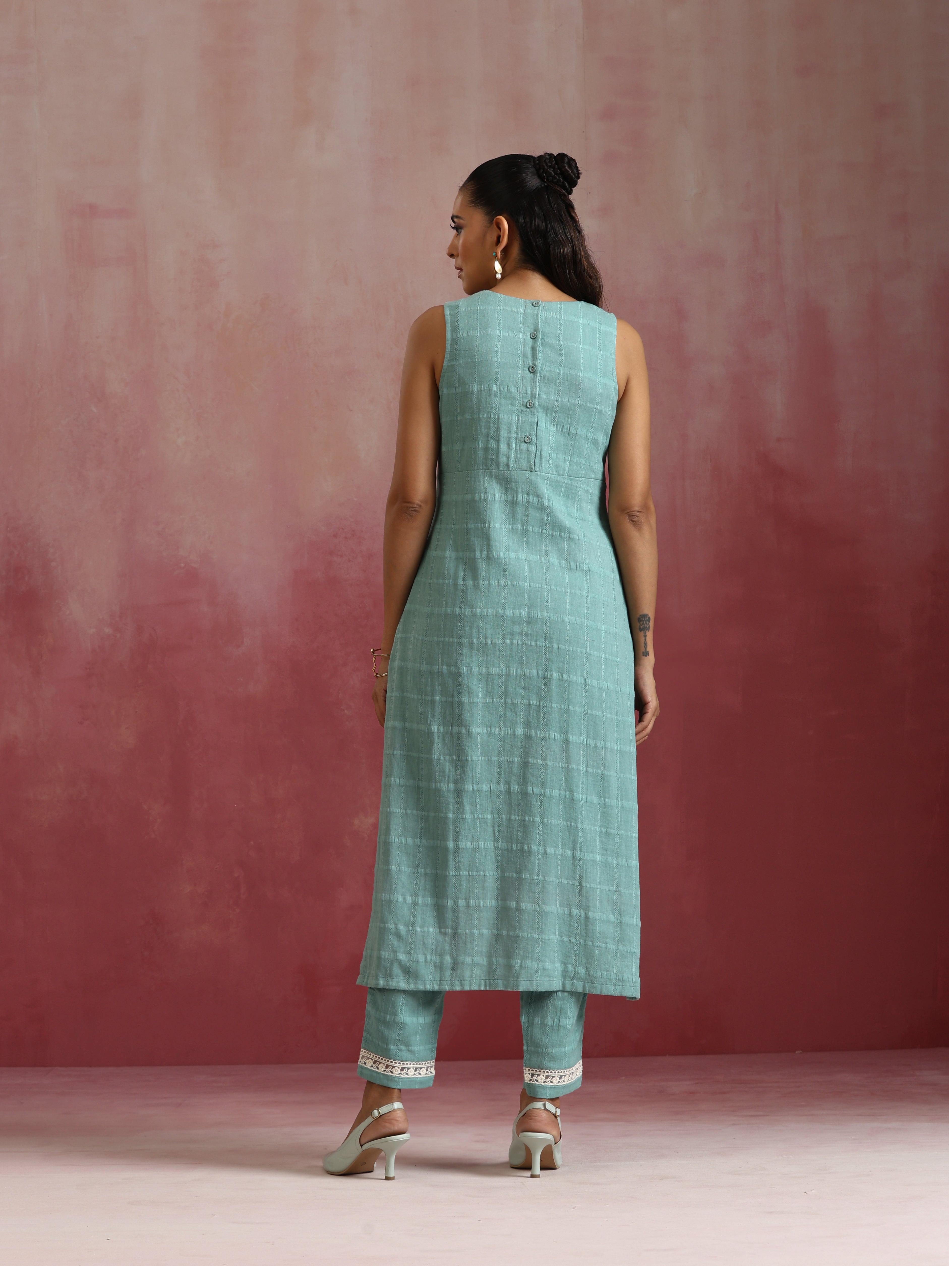trueBrowns Aqua Blue Cotton Dobby High low Kurta Set | Grocsy