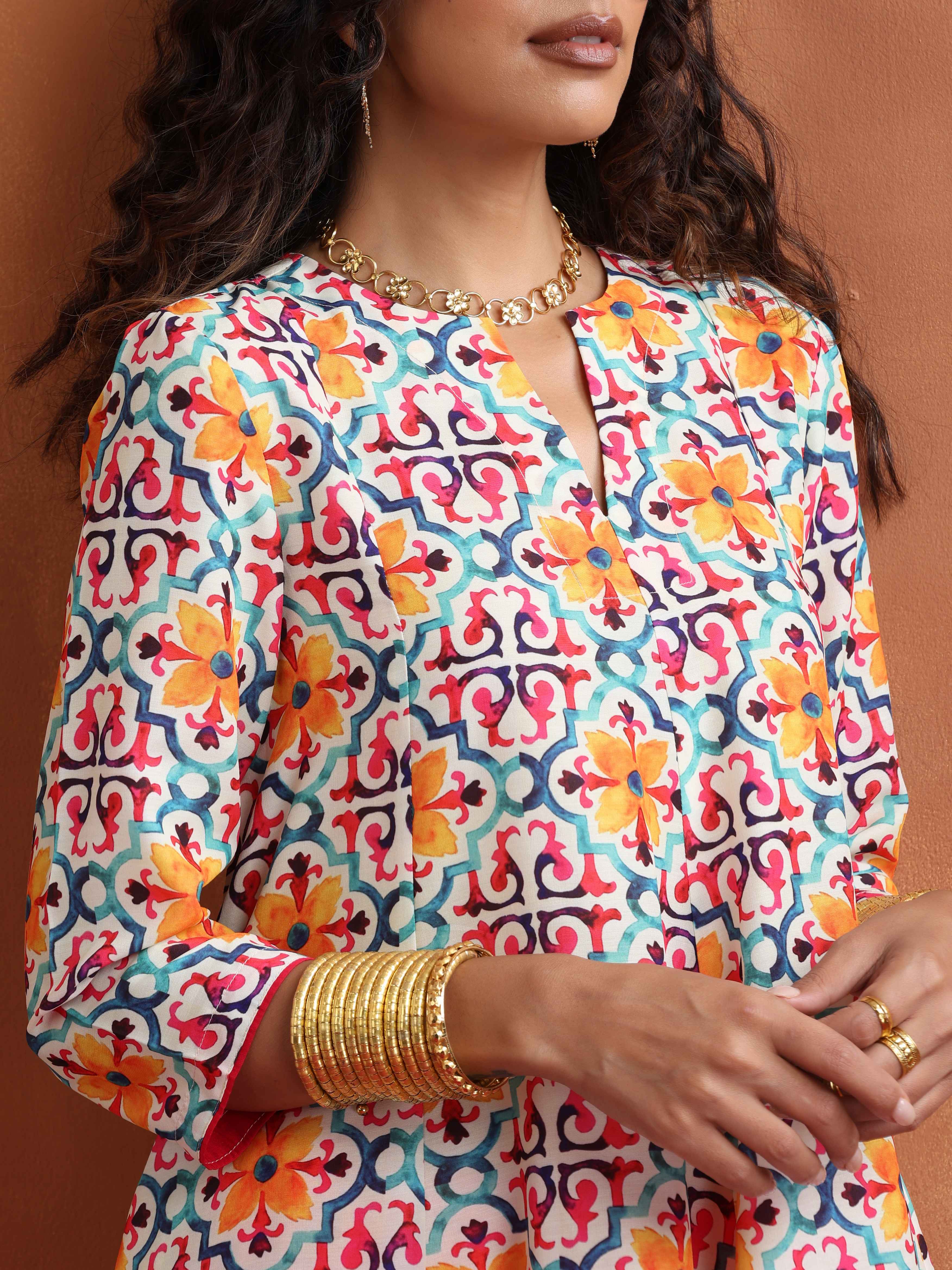 trueBrowns Off White Print Flared Anarkali Kurta Co-ord Set | Grocsy