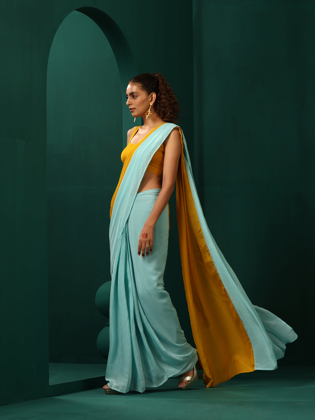 trueBrowns Blue Mustard Muslin Silk Ready to Wear Saree | Grocsy