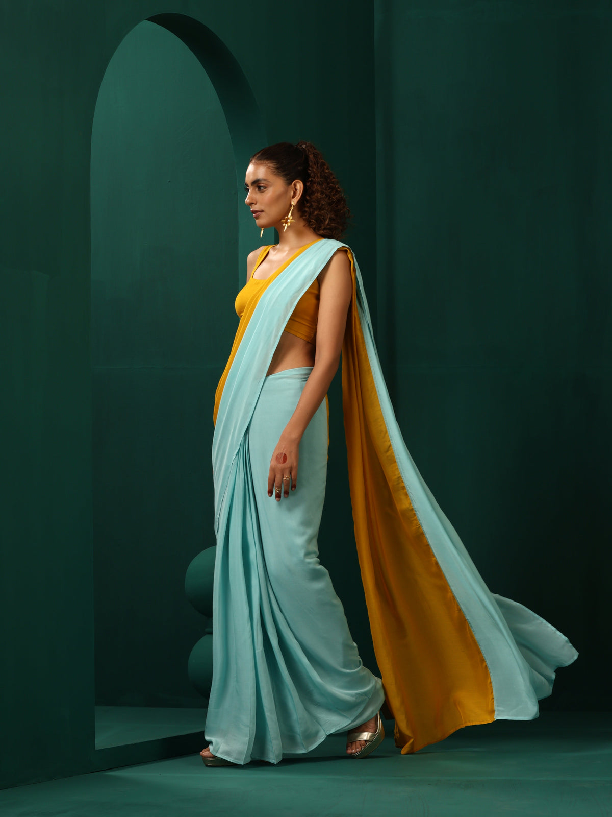 trueBrowns Blue Mustard Muslin Silk Ready to Wear Saree | Grocsy