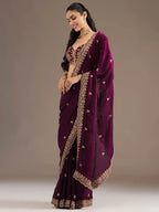 Tulsi Art Stunning Wine Embroidered Silk Reception Wear Saree With Blouse | Grocsy