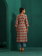 trueBrowns Ivory Red Circle Floral Muslin Silk Printed V-Neck Kurta Pant Set | Grocsy