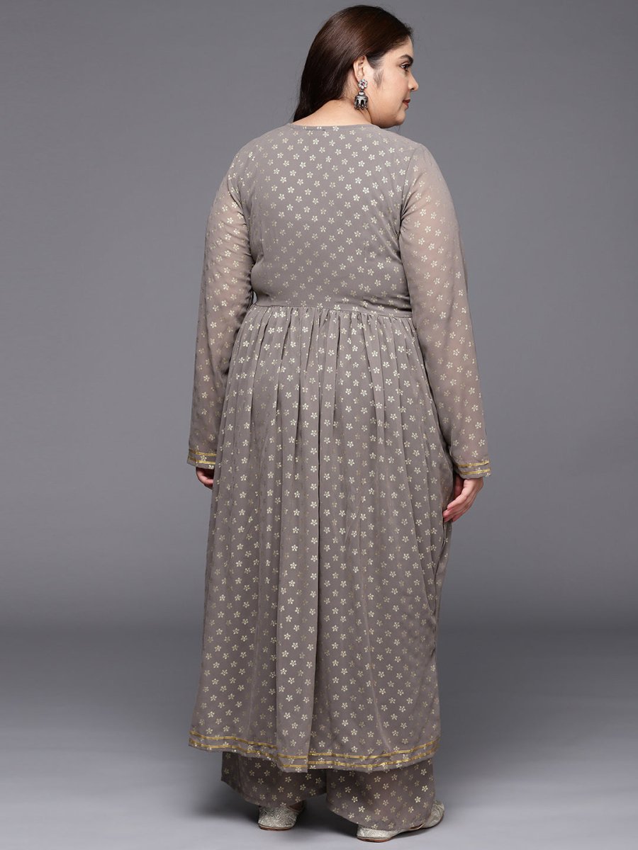 Ahalyaa Plus Size Floral Printed Zari Angrakha Kurta with Palazzos | Grocsy
