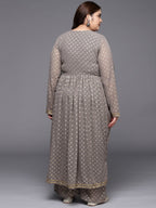 Ahalyaa Plus Size Floral Printed Zari Angrakha Kurta with Palazzos | Grocsy