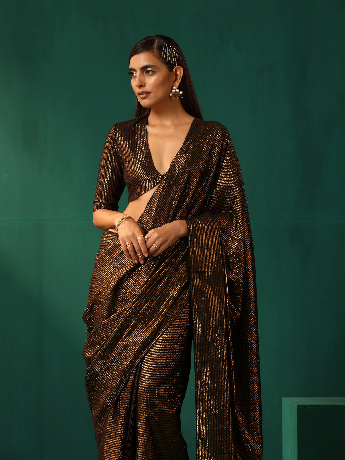 trueBrowns Black Cotton Gold Lurex Striped Ready to Wear Saree | Grocsy