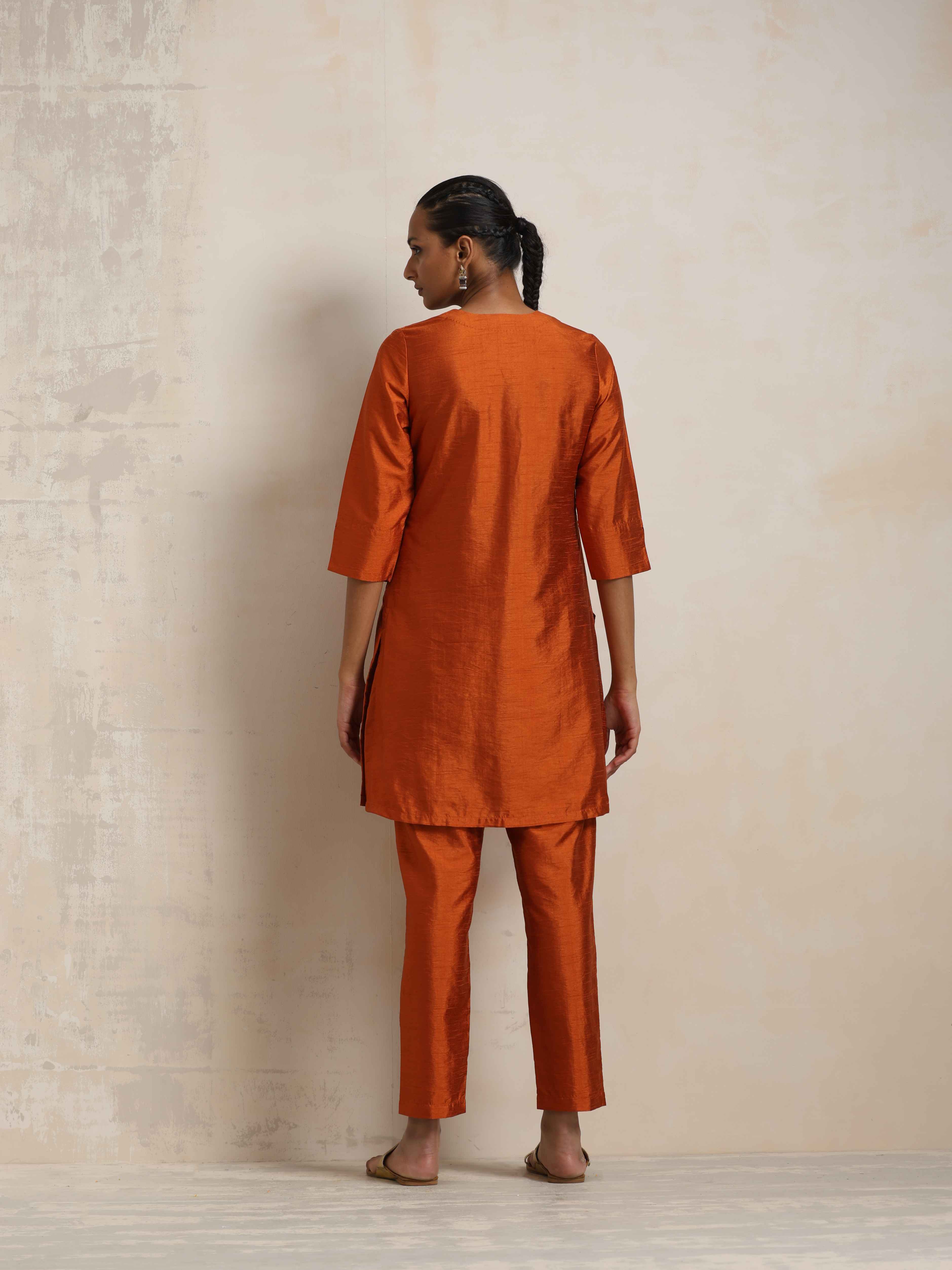 trueBrowns Orange Silk Kurta Co-ord Set | Grocsy