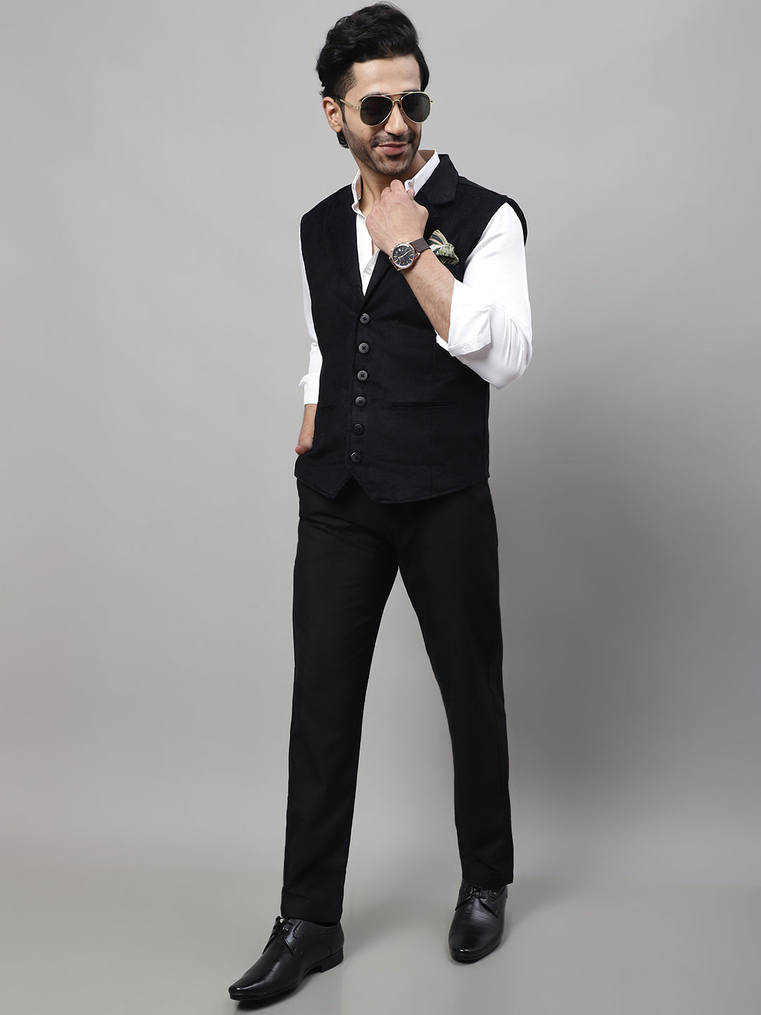 Even Apparels Men's Black Nehru Jacket With Welt Pockets | Grocsy