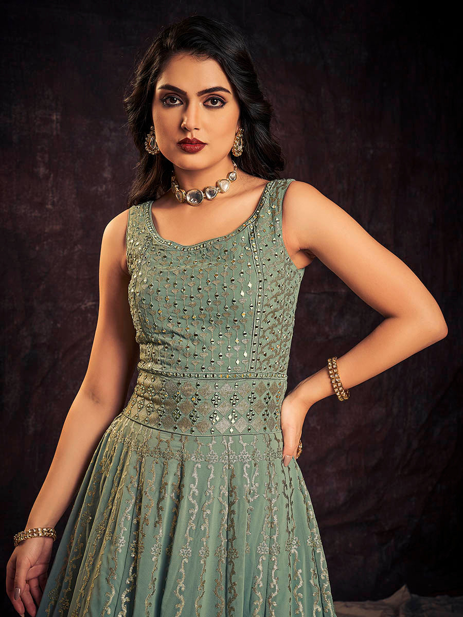 Myra Olive Real Georgette Designer Gown Style Suit | Grocsy