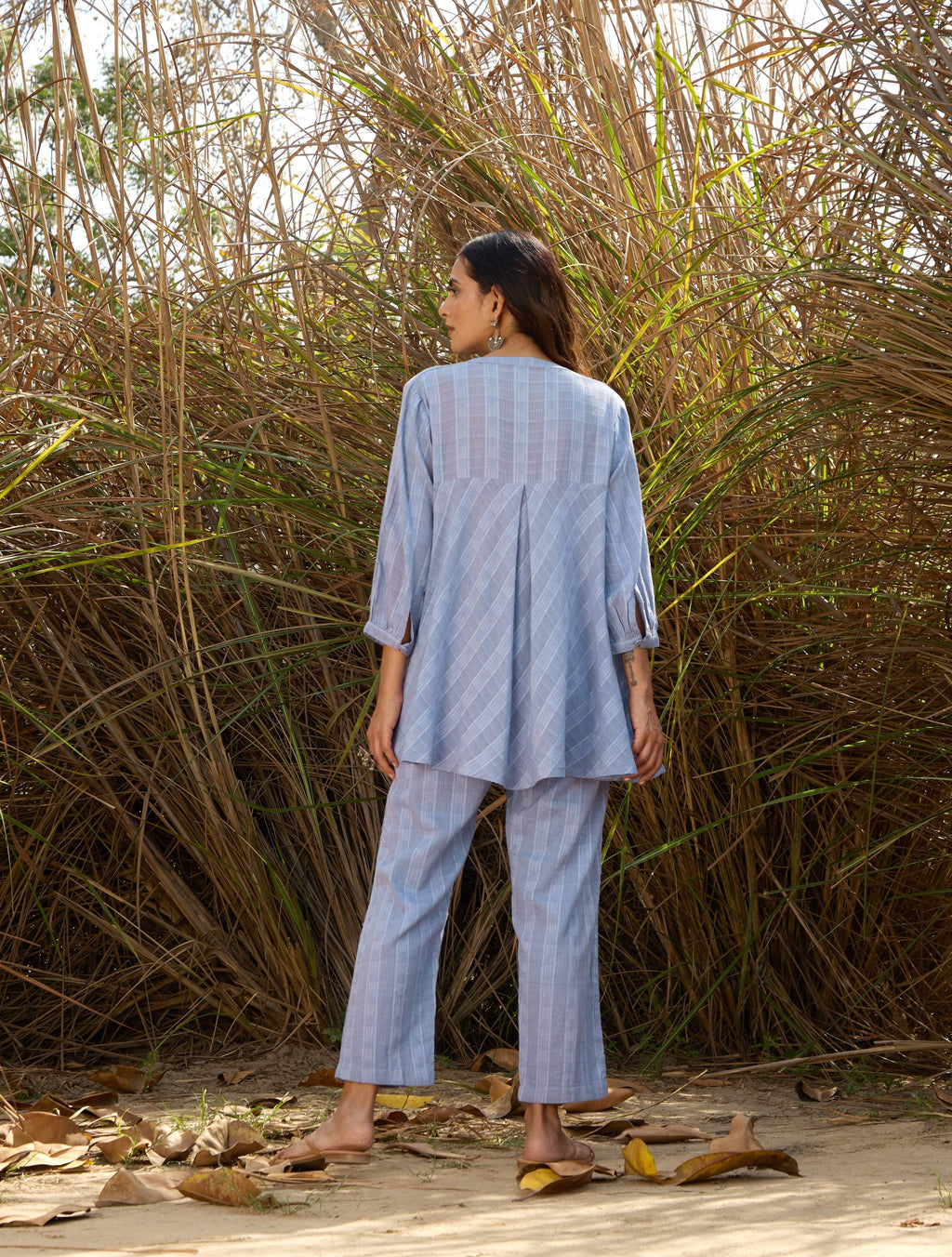 trueBrowns Light Blue Cotton Dobby Flared Co-ord Set | Grocsy