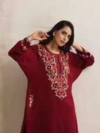 trueBrowns Maroon Kashmiri Embroidered Woollen Phiran Kurta | Grocsy
