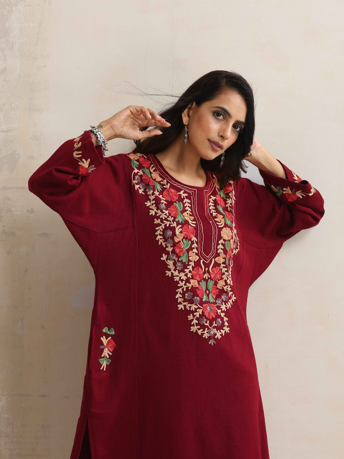 trueBrowns Maroon Kashmiri Embroidered Woollen Phiran Kurta | Grocsy