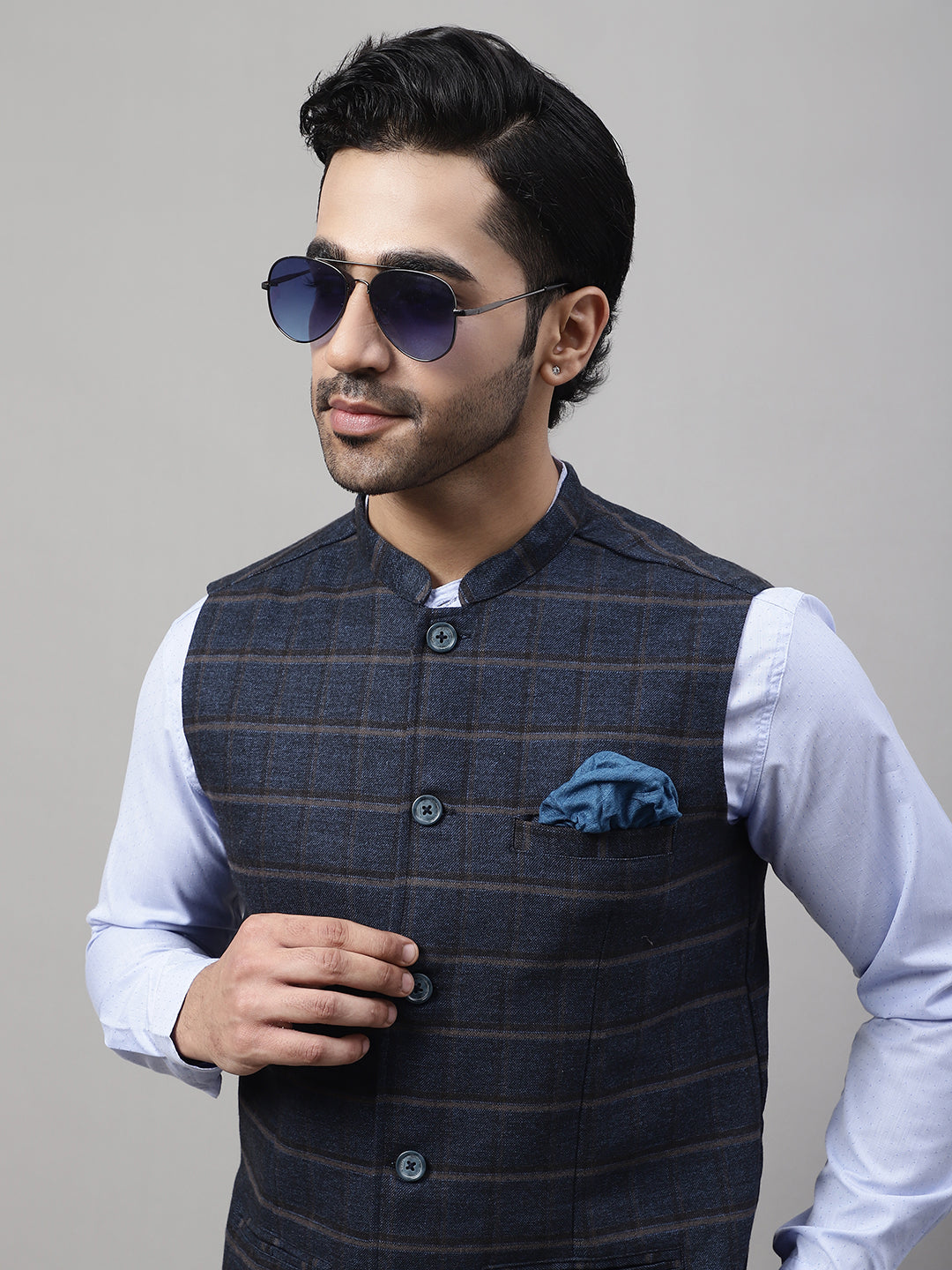 Even Apparels Men's Blue Nehru Jacket With Welt Pockets | Grocsy