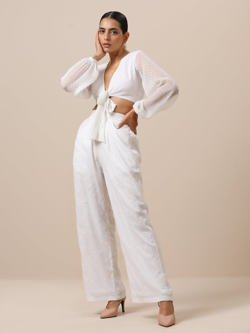 trueBrowns Chiffon White Dobby Tie Up Top | Grocsy