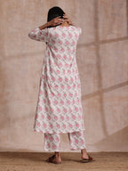 trueBrowns Pink Green Buta On White Block Print Cotton Slit Kurta Pant Set | Grocsy