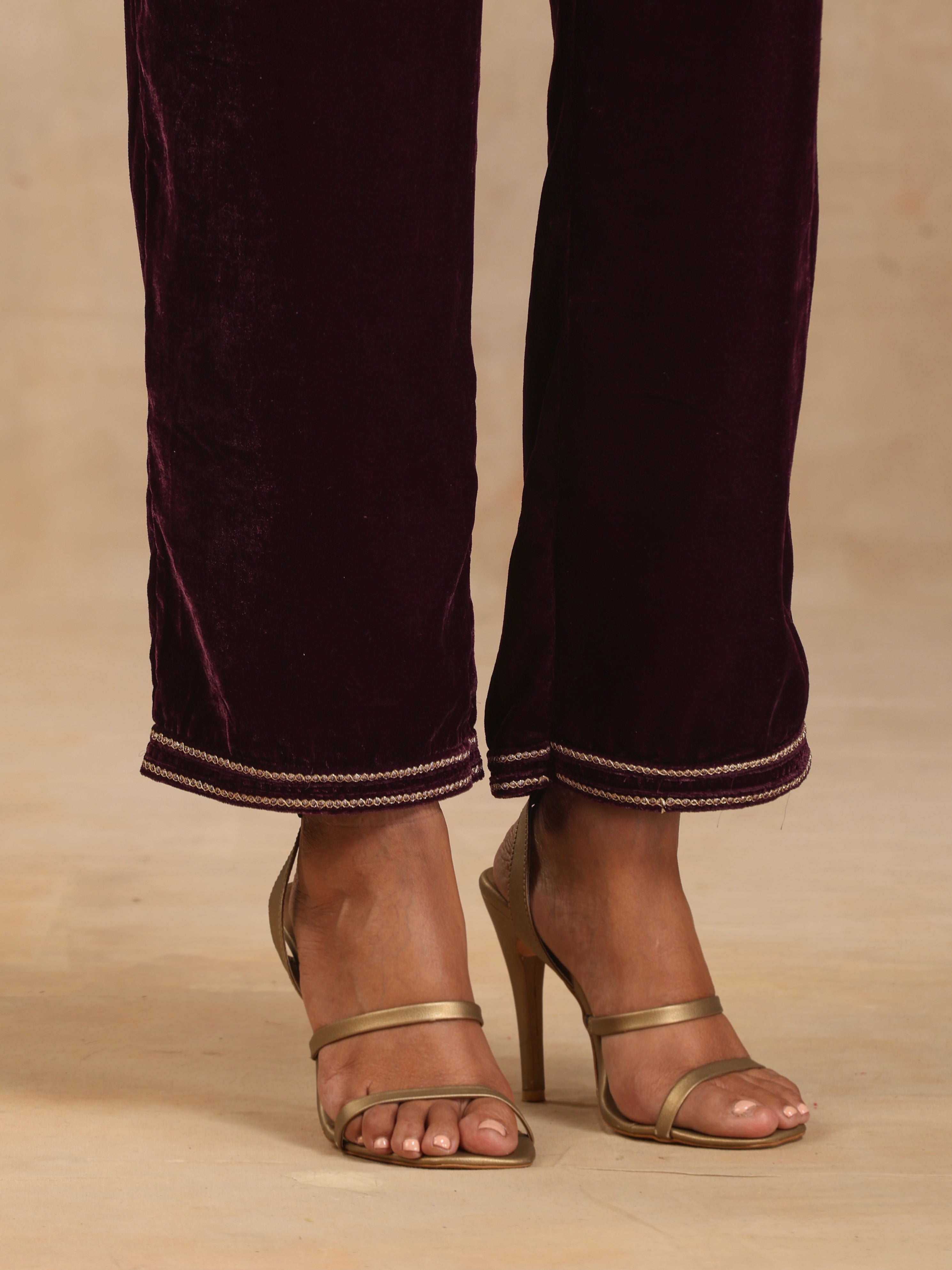 trueBrowns Wine Velvet Embroidered Co-ord Set | Grocsy